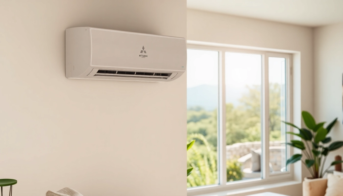 Mitsubishi mini split AC elegantly installed in a cozy living room enhancing comfort and style.