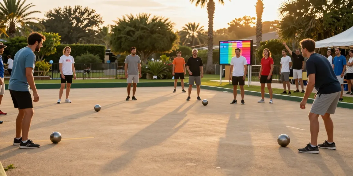 Suasana lapangan petanque di fopikotapontiana.org, pemain berkompetisi dengan boules, cahaya senja hangat.