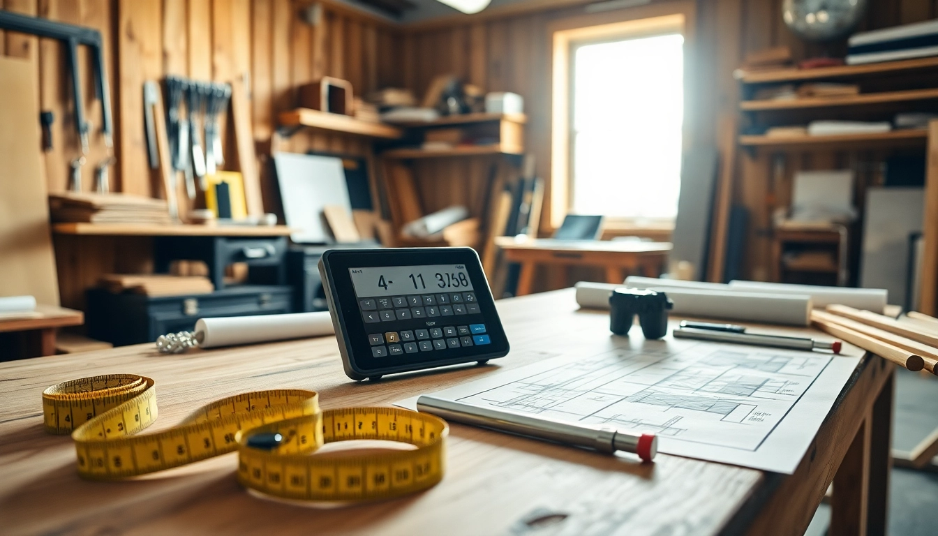 Accurately measuring dimensions with a frame calculator in a well-lit workshop setting.