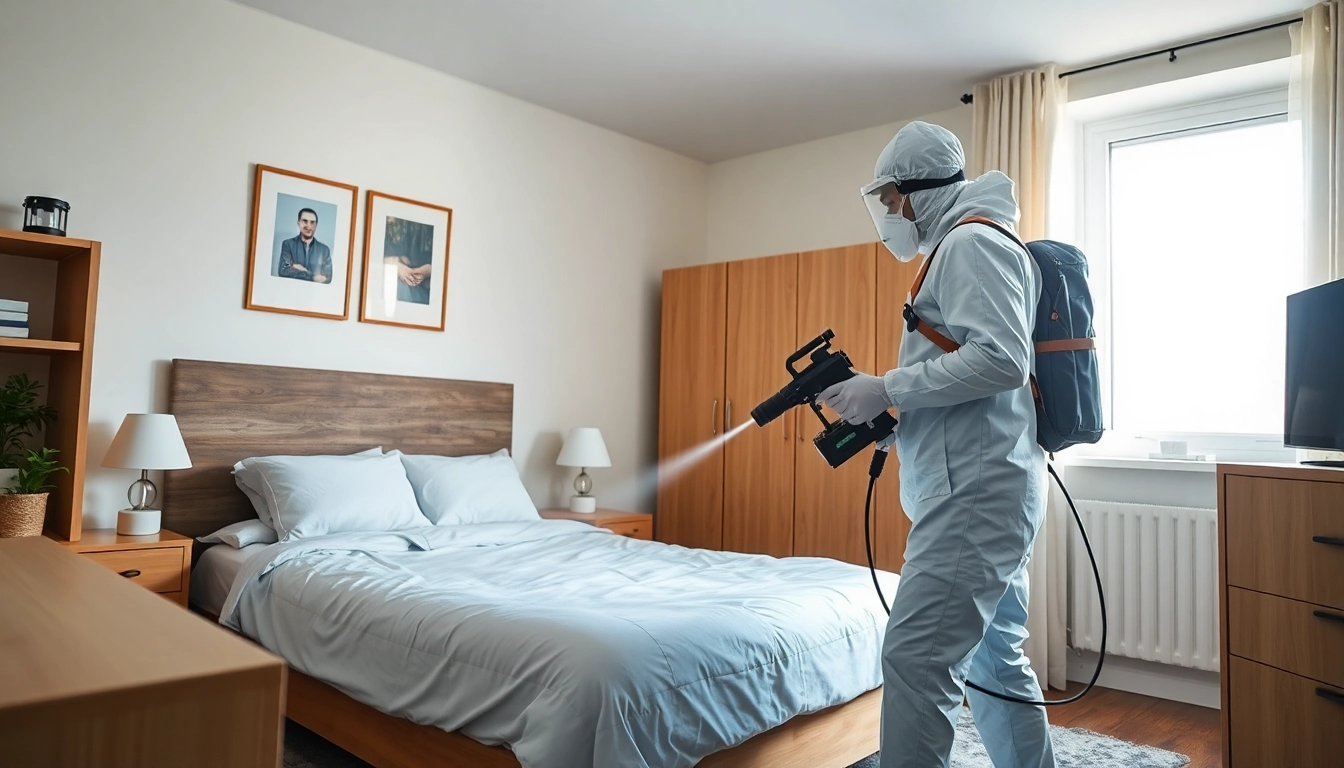 Expert carrying out bed bug removal techniques in a bright bedroom, showcasing a professional setting.