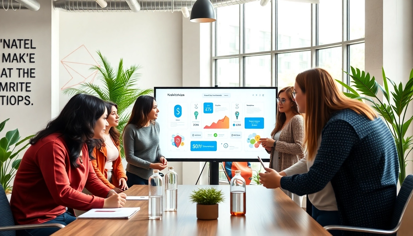A collaborative environment at a social media agency with team members discussing strategies.