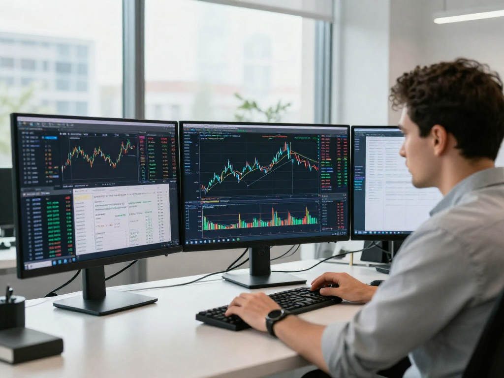 使用MetaTrader 5进行市场分析的交易工作台，专业交易者正在专注于多屏幕图表。
