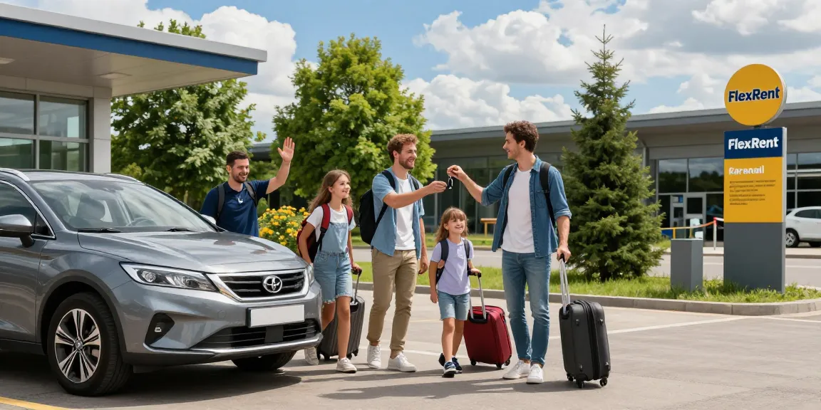 Rent a car Chișinău airport with FlexRent, family excitedly picking up their rental car outside the terminal.