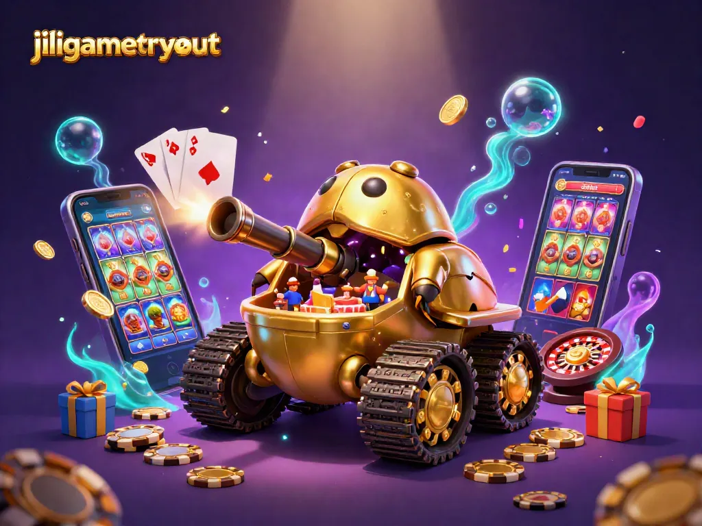 Engage with jiligamestryout through a vibrant casino world showcased in a dynamic 3D illustration.