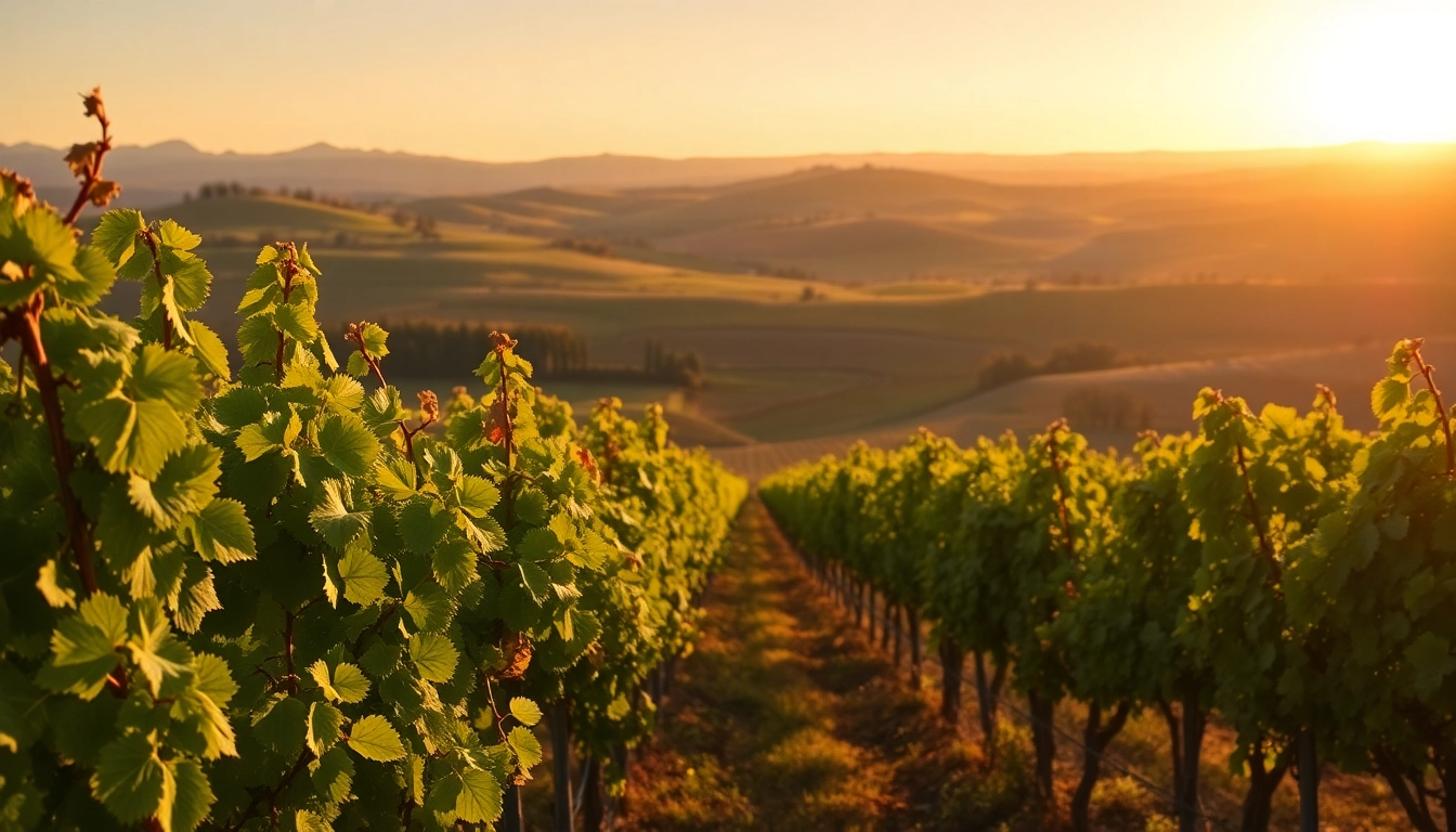 Gorgeous vineyards in Clarksburg CA basking in warm sunlight during the golden hour.