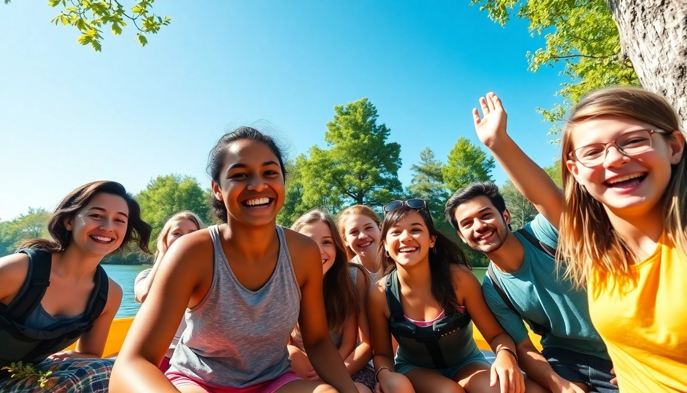 Teen summer camp scene with teenagers enjoying outdoor activities by a lake.