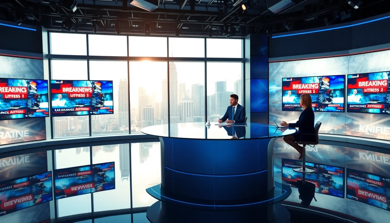 Engaging news anchors delivering breaking news updates in a modern studio.