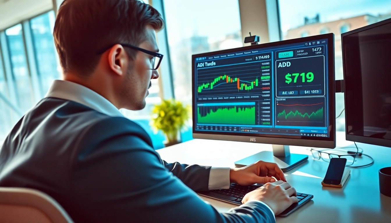 Analyze ADI stock price trends with a financial analyst in a modern office environment.