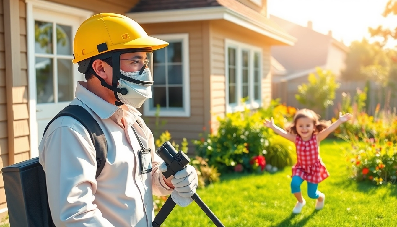 Child friendly exterminator applying eco-safe pest control solutions near a family home, ensuring children's safety.
