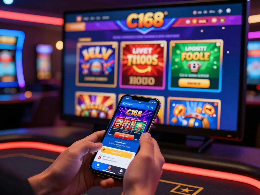 C168 gambling platform interface showcasing diverse gaming options on a smartphone in a lively casino atmosphere.