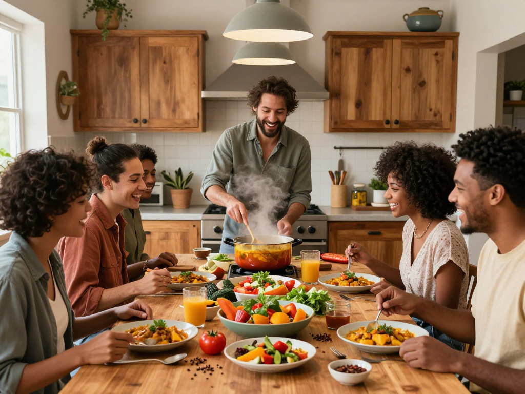 A vibrant kitchen scene with friends preparing rokok88 curry dish together, showcasing fresh ingredients and a cozy atmosphere.