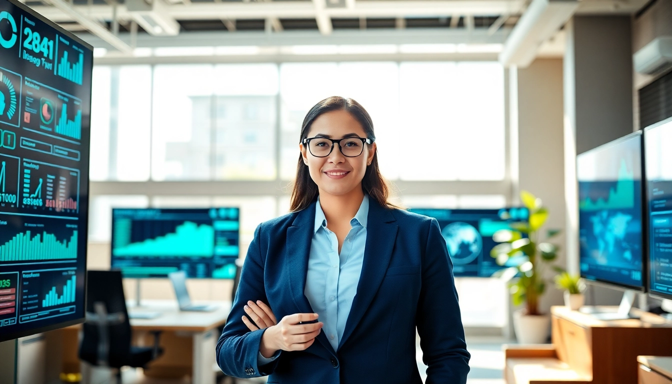 Illustration of an enterprise assistant navigating digital tools in a modern office.