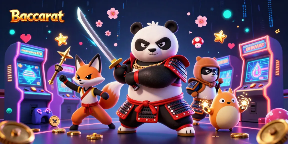 Baccarat strategy scene with a samurai panda and ninja fox characters, showcasing action-packed gambling elements.
