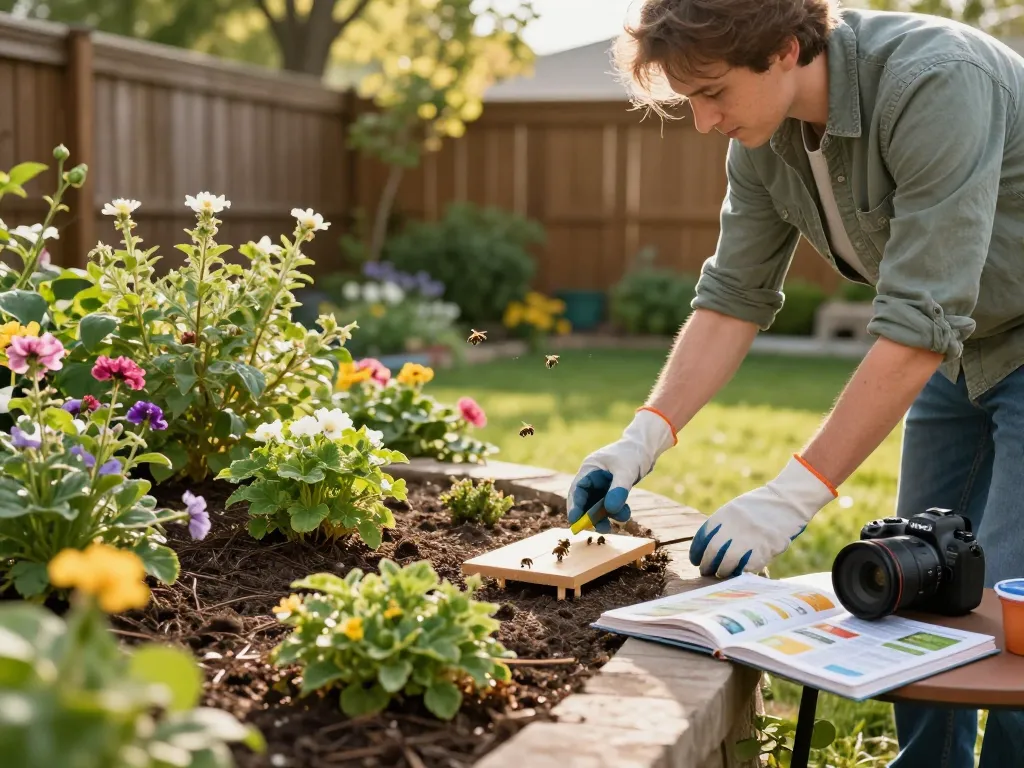 Homeowner checking pest control traps in a vibrant garden, showcasing effective pest control tips.