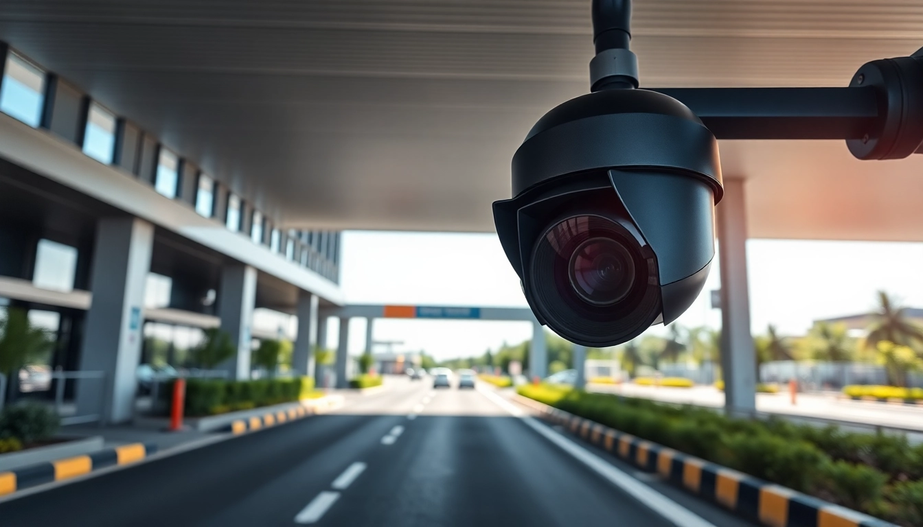 License plate recognition camera capturing vehicles at a security checkpoint in bright daylight.