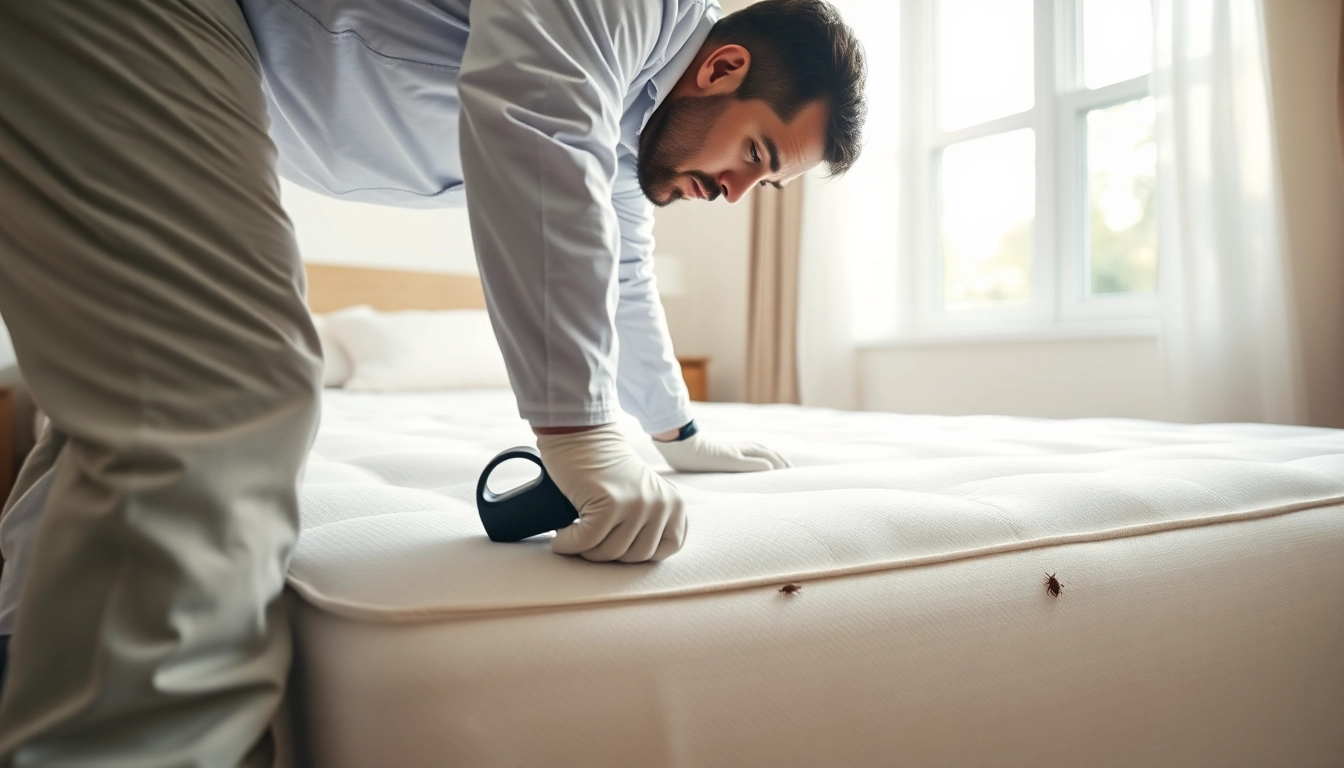 Technician performing bed bug control inspection in a bedroom with focus on mattress and baseboards.