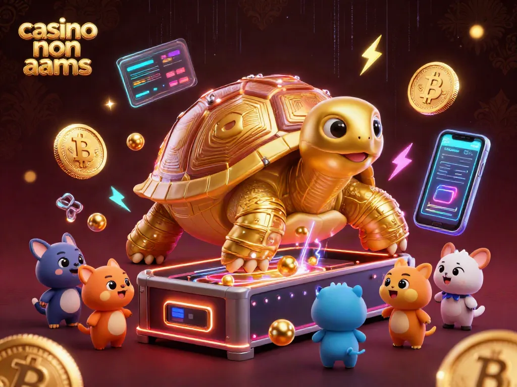 Giocando nel casino non AAMS, animali entusiasti interagiscono con un'enorme tartaruga d'oro e monete crittografiche scintillanti.
