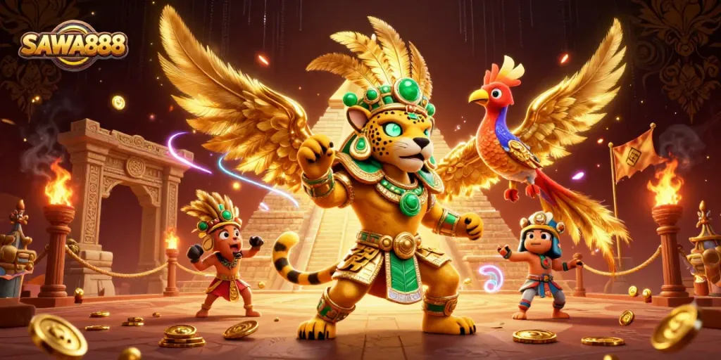 Experience SAWA888’s thrilling adventure with Mayan priest and treasure-filled scene.