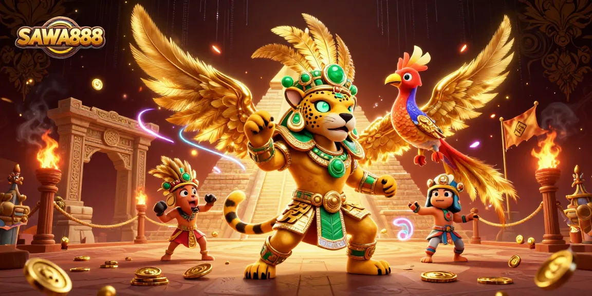 Experience SAWA888’s thrilling adventure with Mayan priest and treasure-filled scene.