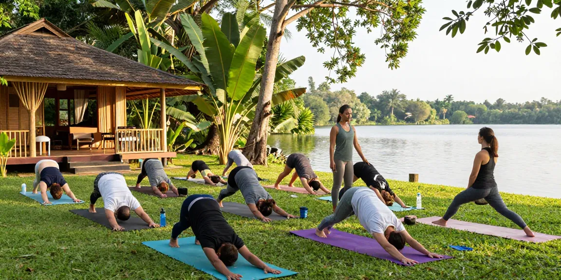Revitalize your journey in the 200hr hatha YTT Sri Lanka as students practice yoga in a serene outdoor setting.