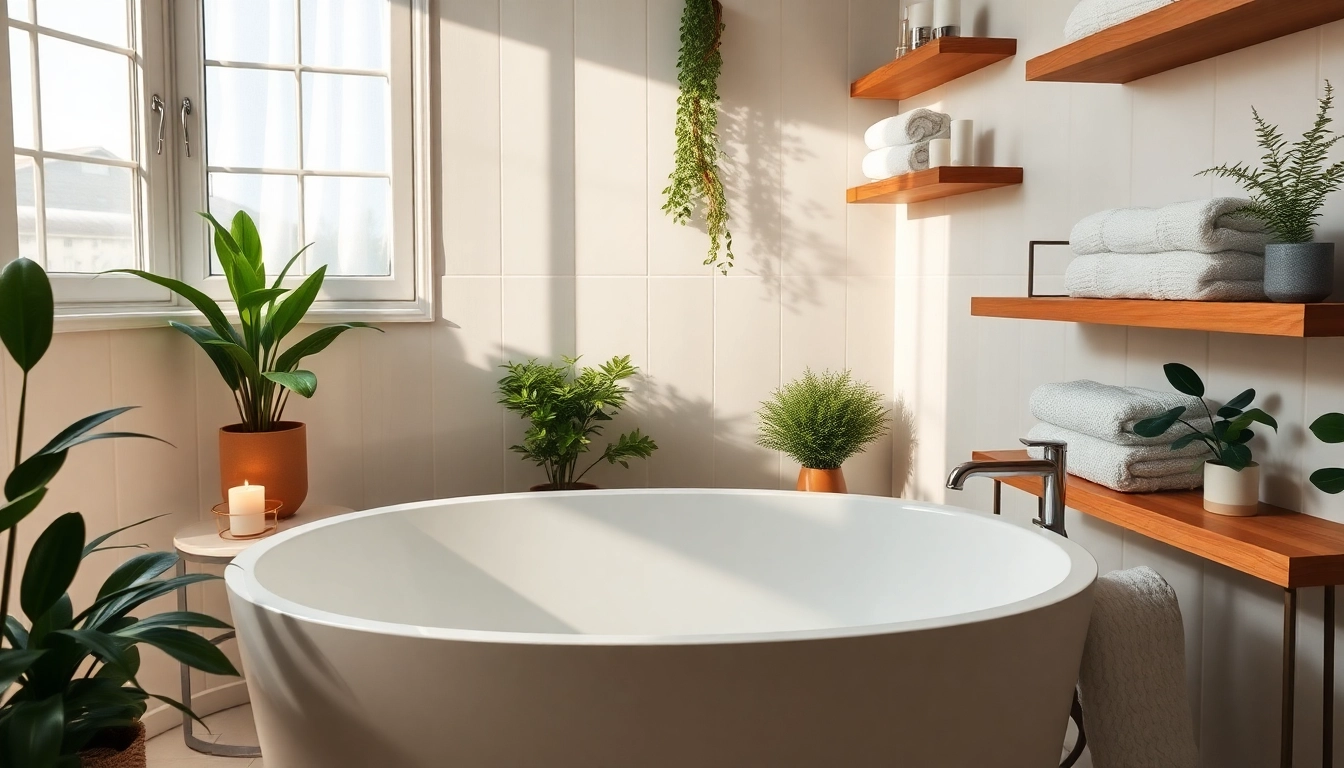 Vasca da bagno moderna elegante in un bagno ristrutturato con decorazioni rilassanti.
