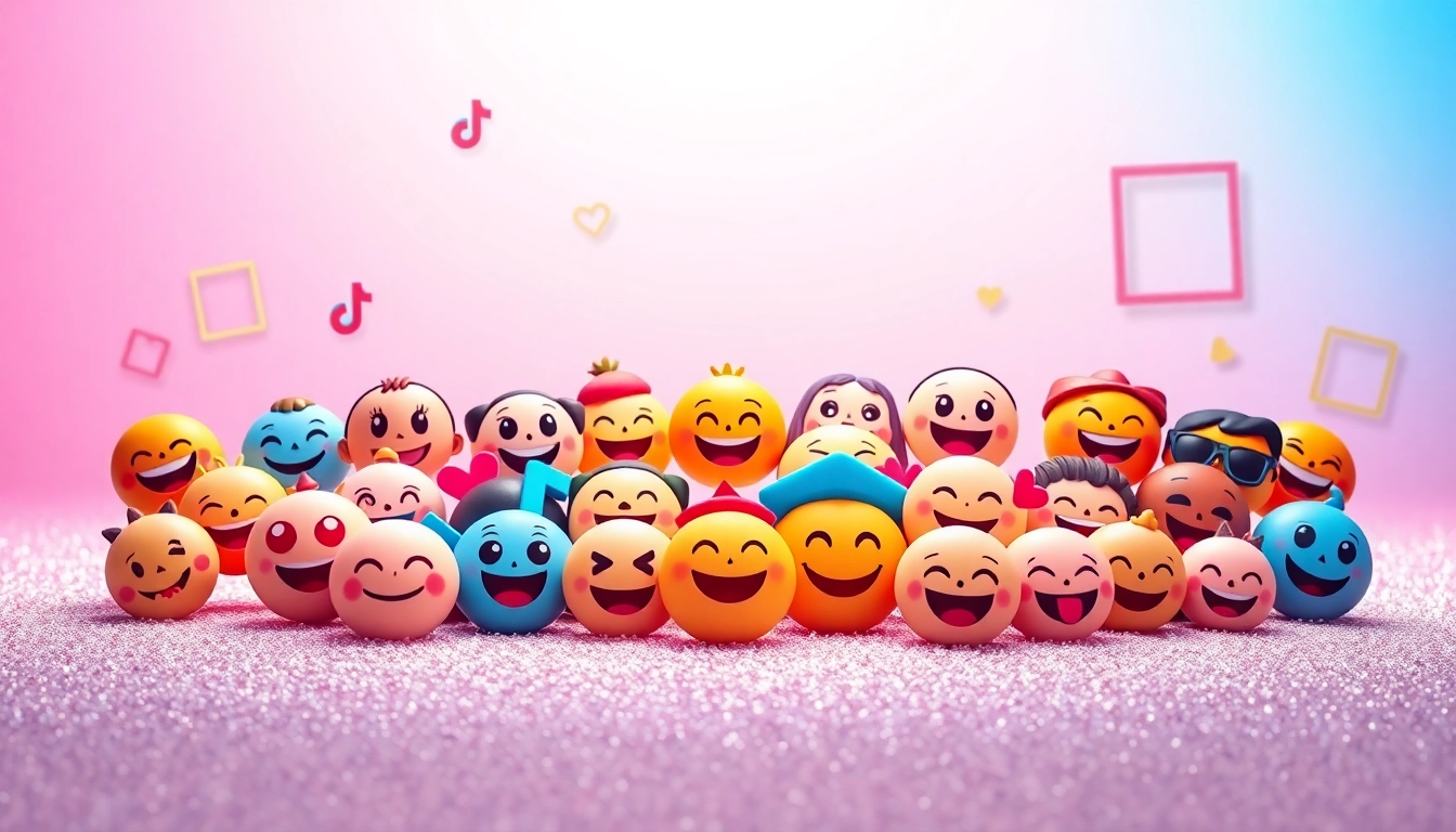 Engaging scene showcasing TikTok emojis in a playful layout with a vibrant background.