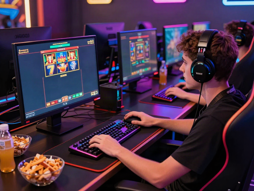 Seorang pemain menikmati permainan slot777 dengan monitor gaming, kursi berkualitas tinggi, dan lampu RGB yang menciptakan suasana seru.