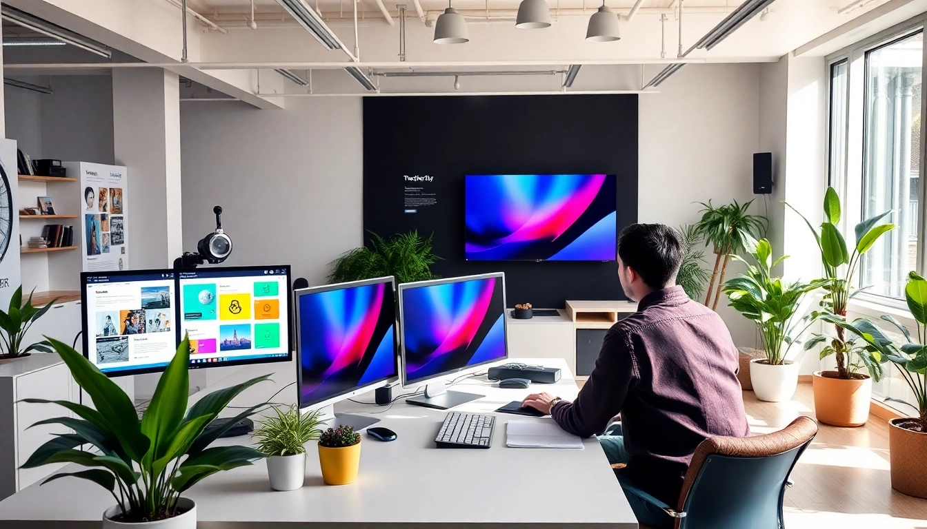 Web design company engaged in creative collaboration amidst modern digital tools.