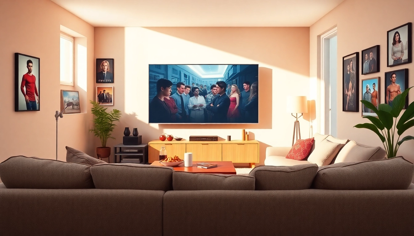 Watch TV series online free in a cozy living room setting with modern decor and snacks.