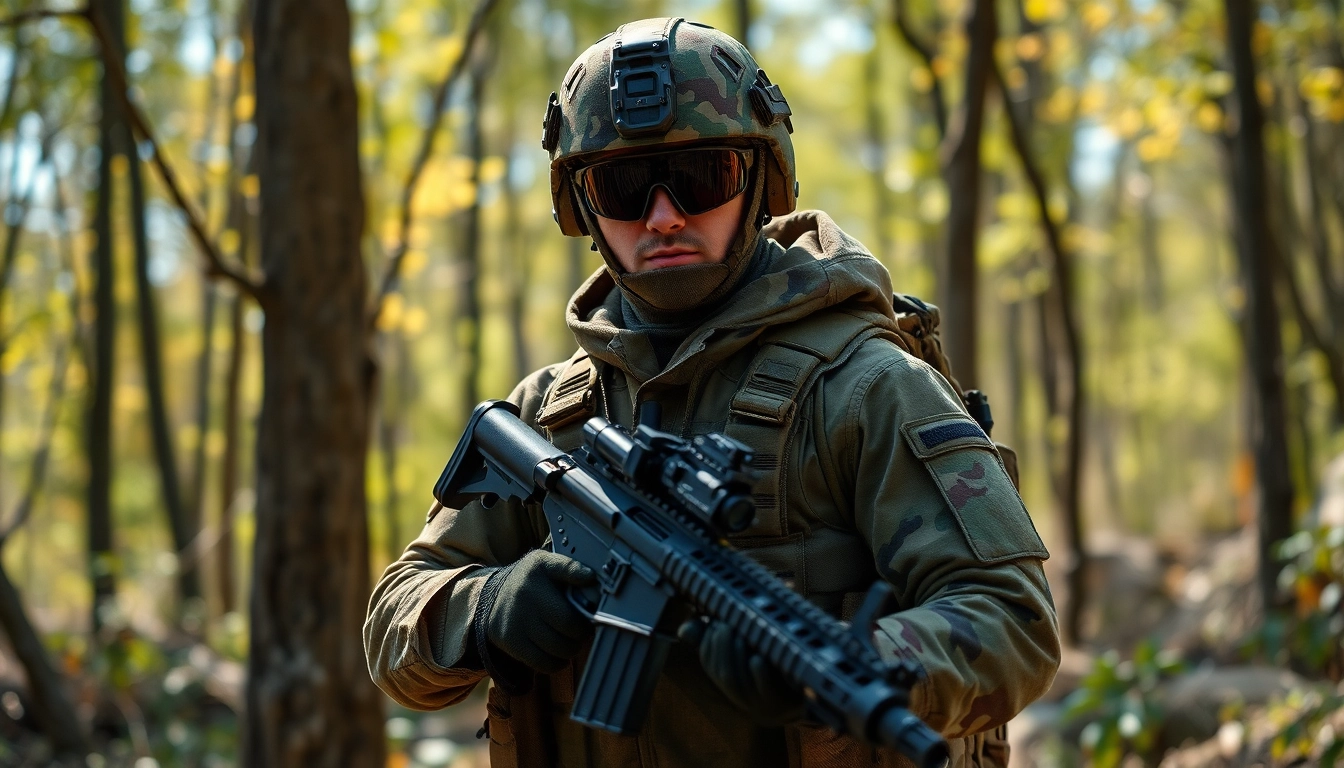 Legerprint stof in een tactische setting, met een soldaat in actie en levendige camouflage details.