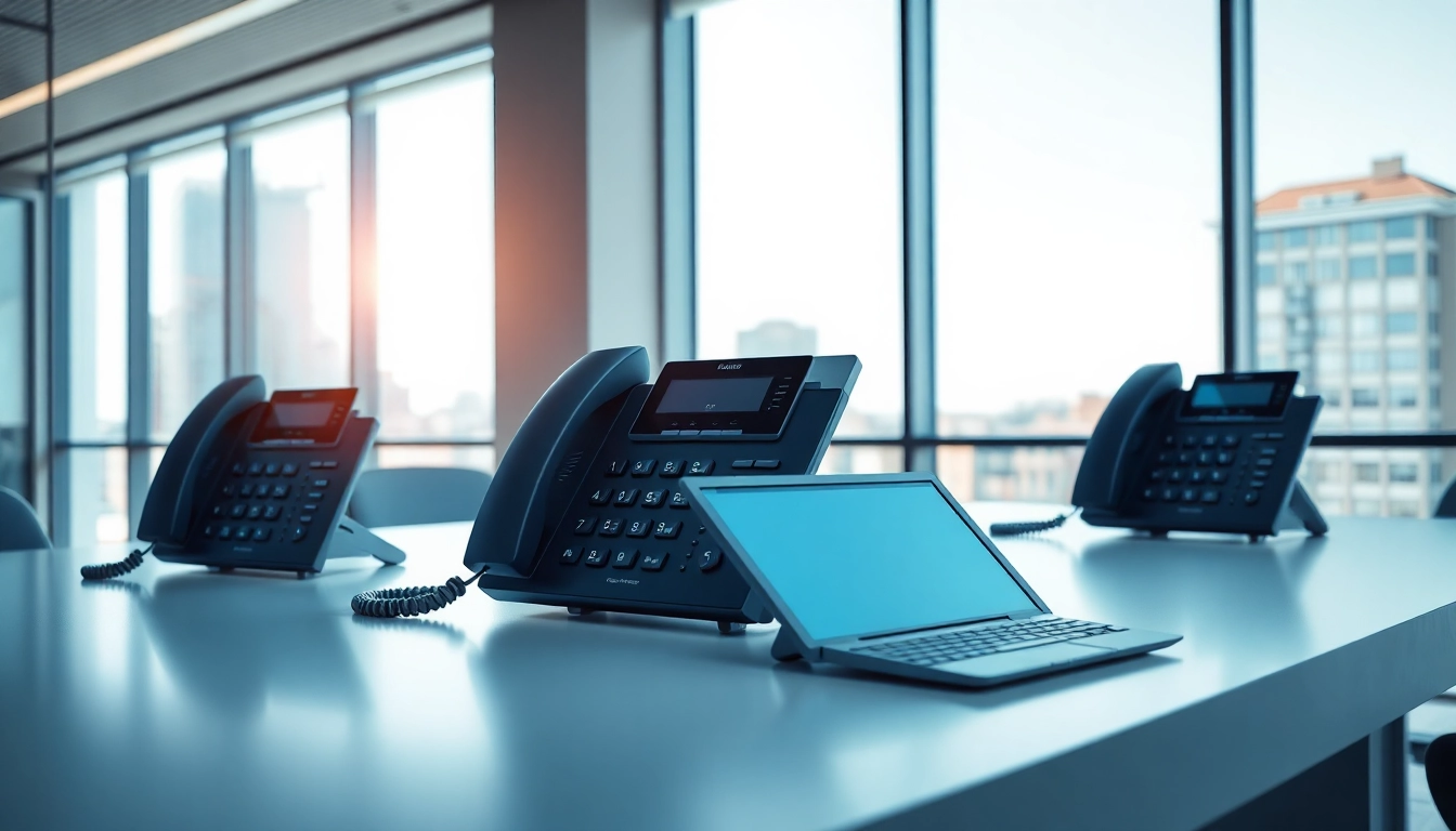 Showcasing business phone systems elegantly arranged in a modern office, highlighting connectivity.