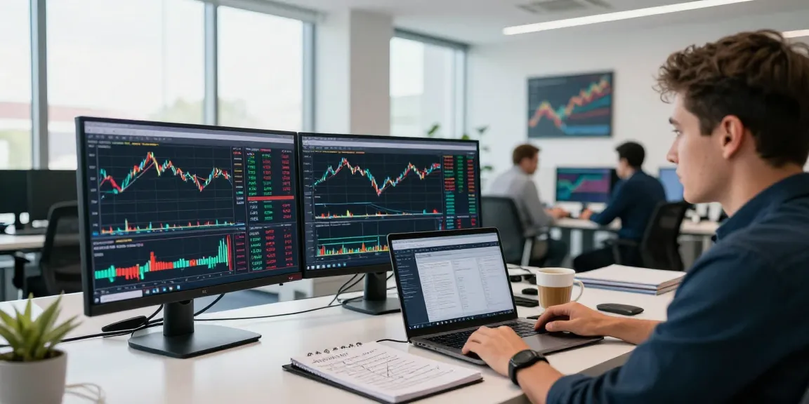 Trader focused on live forex charts in a modern office, analyzing currency movements and strategies.