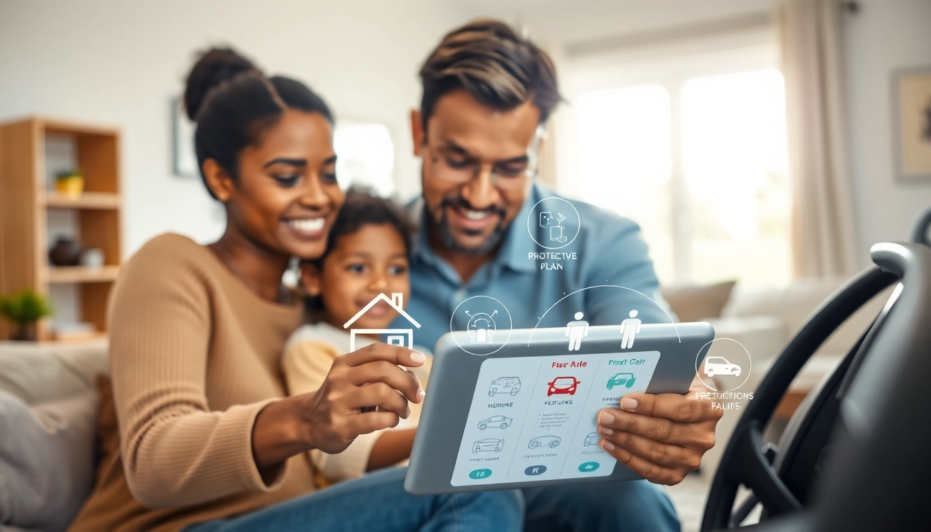 Explore comprehensive auto and home protection plans with a family reviewing options in a cozy setting.