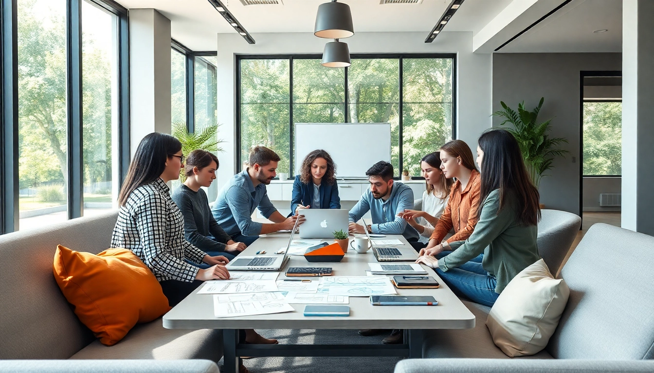 A creative team at a web design company collaborating in a bright, modern office.