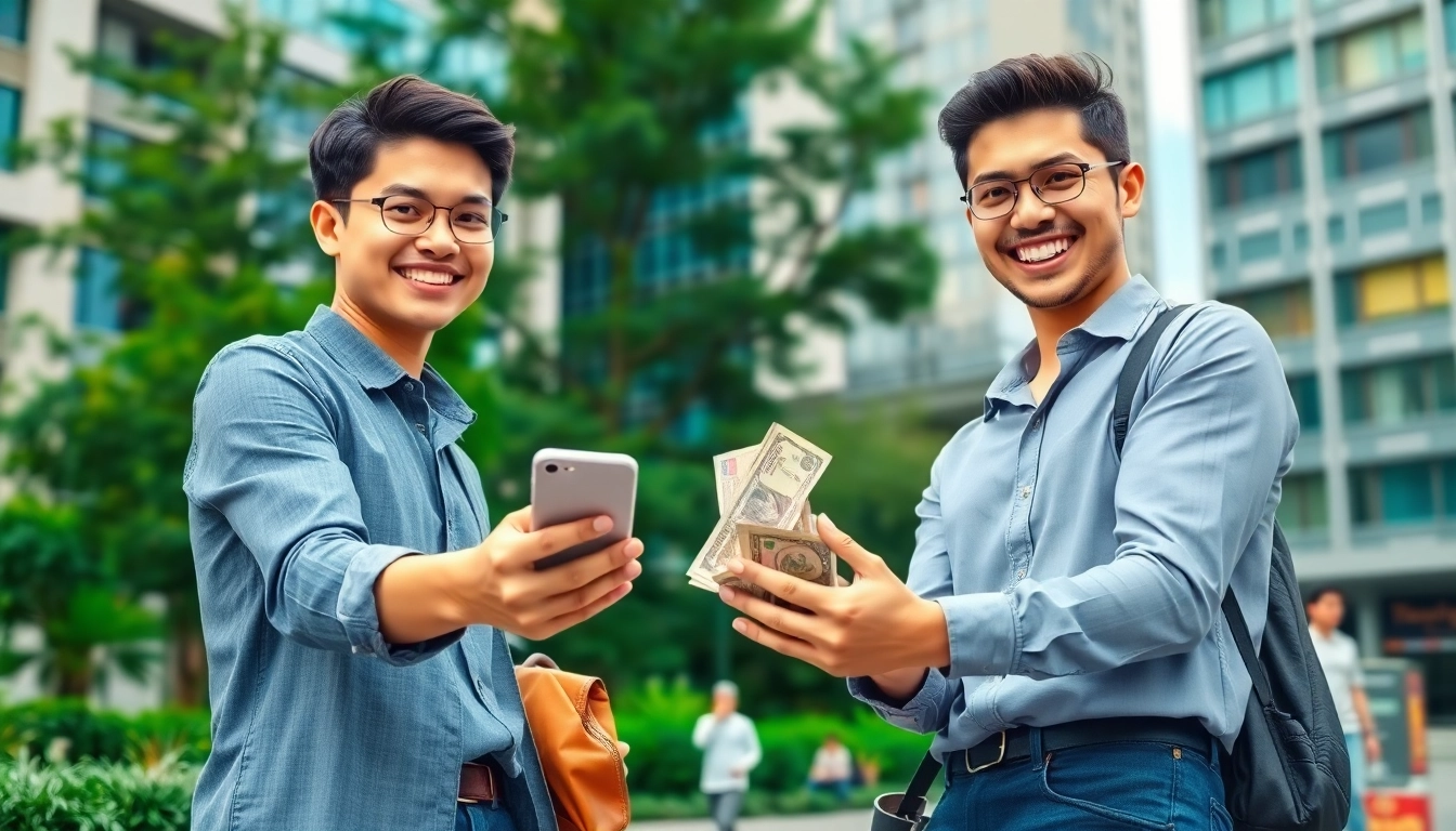 Receive instant phone cash through a simple smartphone exchange in a lively urban scene.