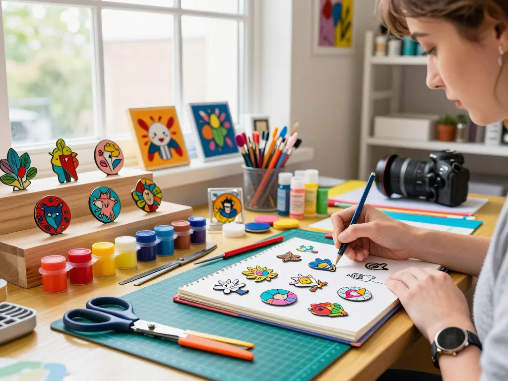 Custom acrylic pins being designed in a vibrant artisan workshop filled with tools and creativity.