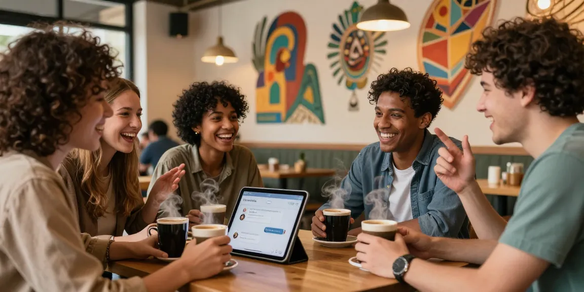 Friends enjoying spicy chat in a cozy café with AI chat interface.