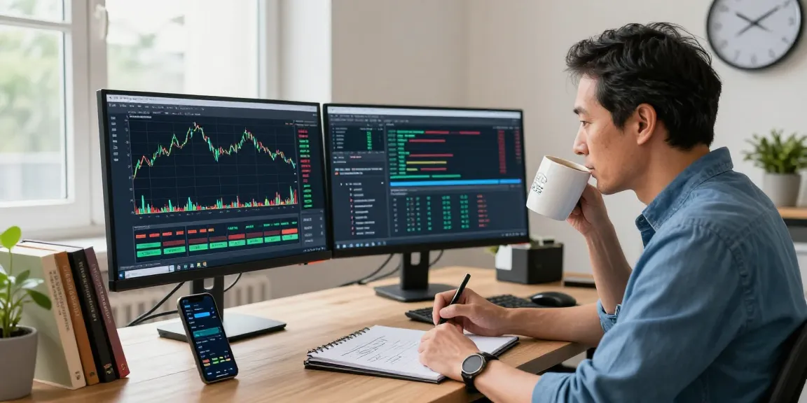 Trader analyzing forex charts on mt4 platform with dual monitors in a modern office.