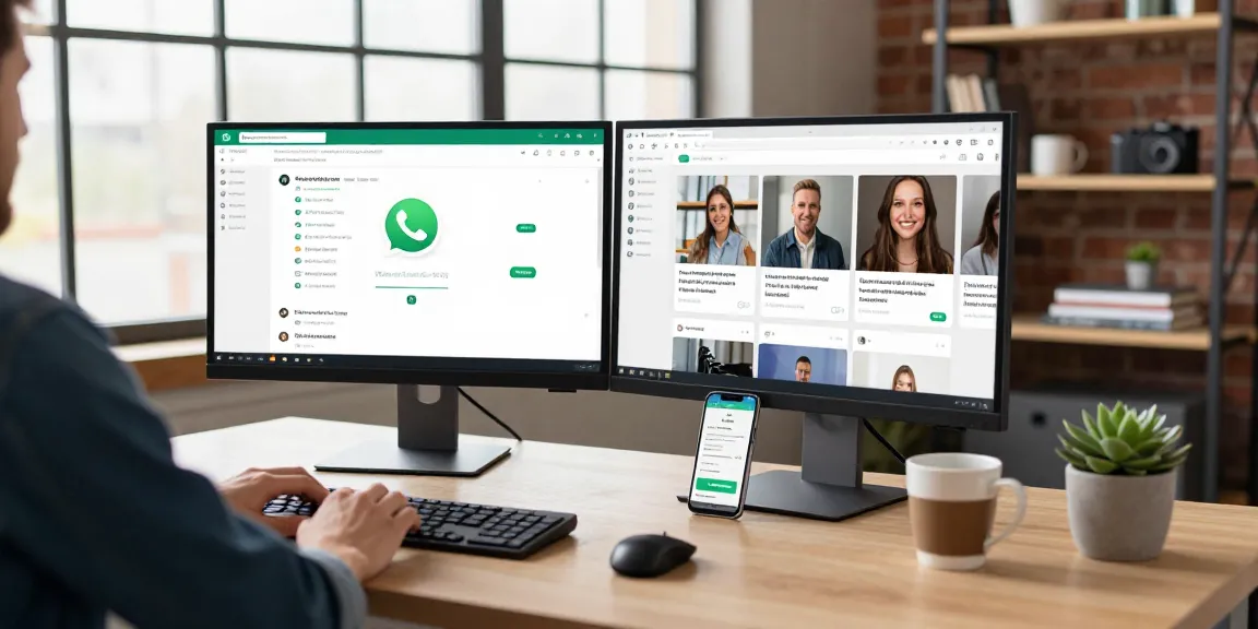Engaged user navigating WhatsApp網頁版 on dual monitors in a modern workspace.