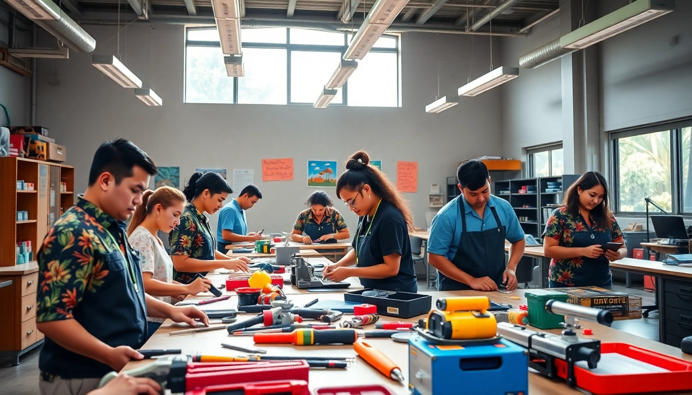 Students engaging in hands-on training at trade schools in Hawaii, highlighting diversity and collaboration.