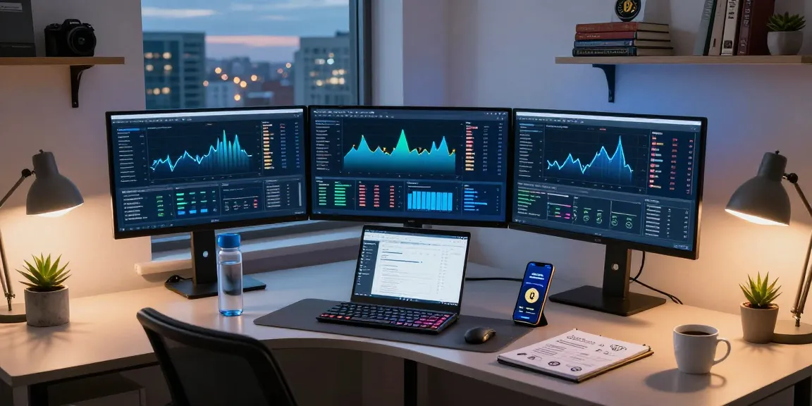 Passive bitcoin mining strategy displayed on multiple monitors in a crypto trading workspace