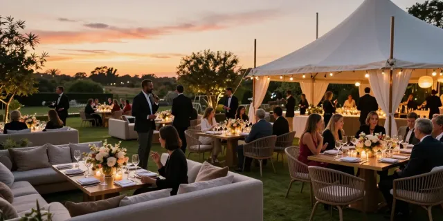 Event furniture rental setup featuring luxury seating and decor in an elegant outdoor setting during sunset.