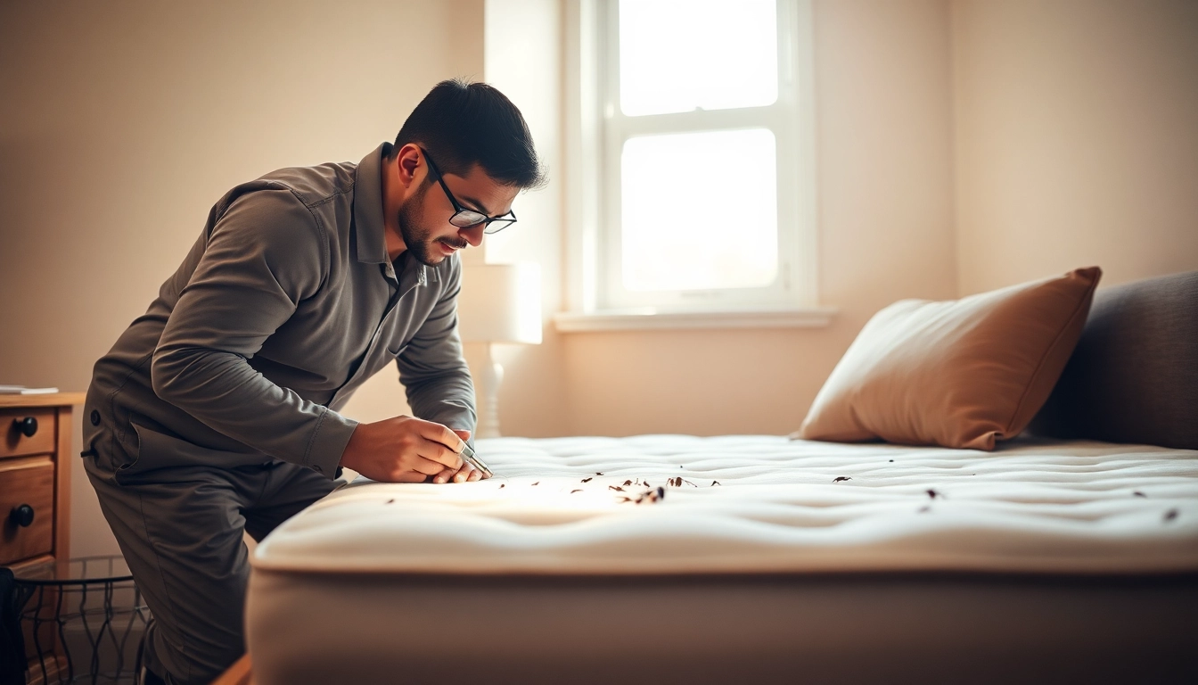 Technician performing bed bug removal inspection on a mattress in a well-lit bedroom.