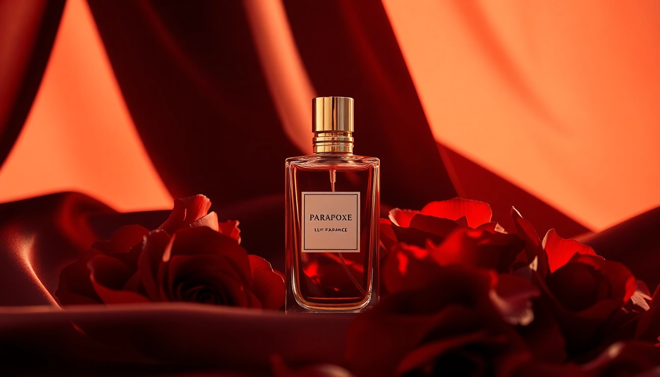 Captivating fragrance bottle of Paradoxe artfully displayed with roses and luxurious silk.