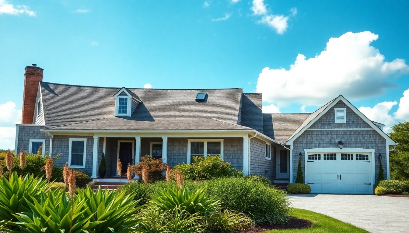 Cape Cod home with an attached garage, showcasing classic design and lush landscaping.