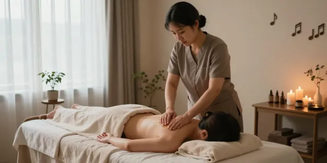 Relaxing 성수동출장마사지 therapy scene with professional masseuse and soothing ambiance