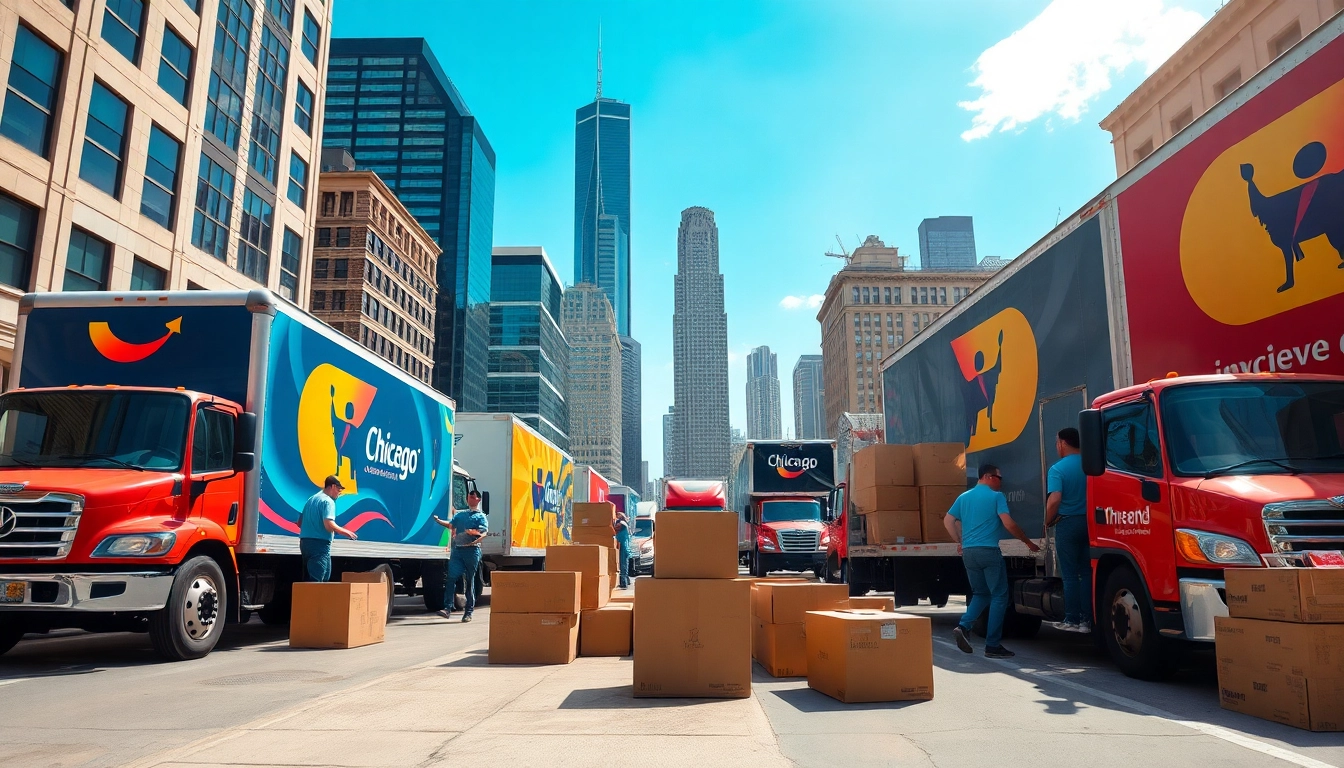 Chicago Movers collaborating efficiently in a vibrant urban setting, demonstrating teamwork and professionalism.