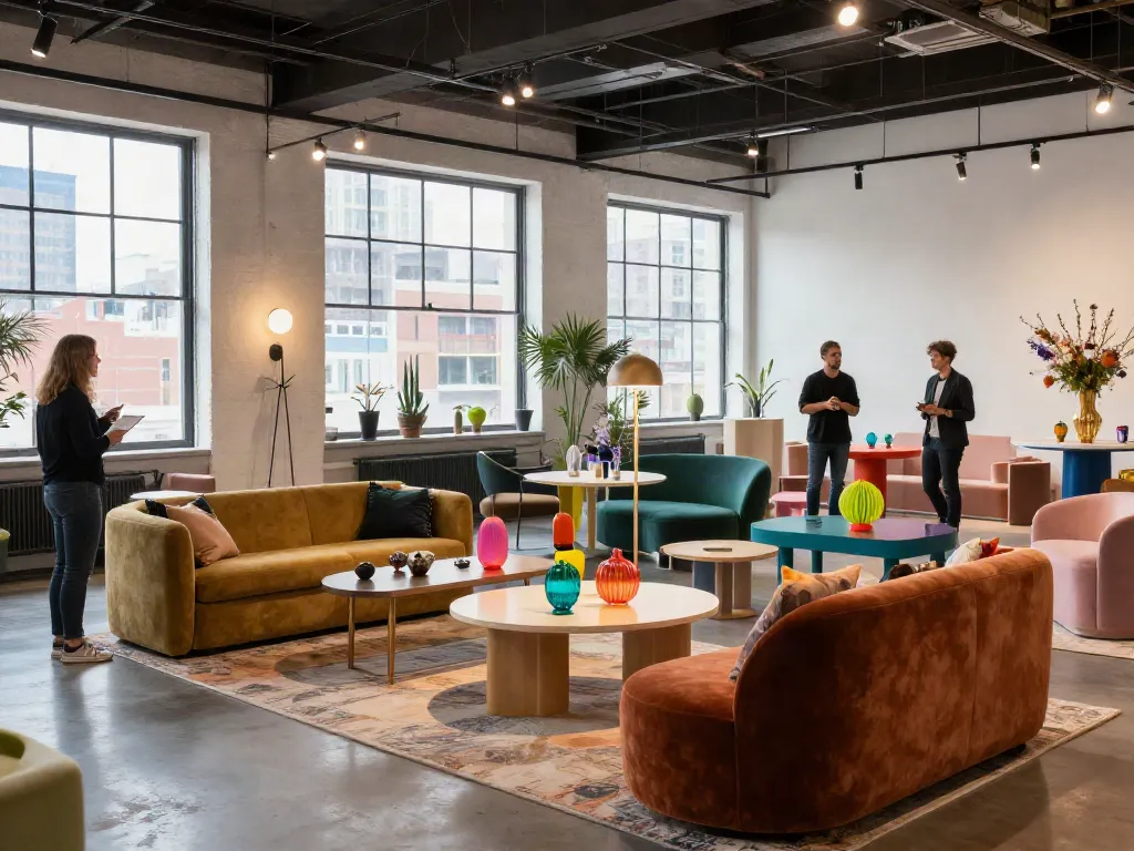Event furniture rental display in a modern loft showcasing stylish lounge seating and tables.