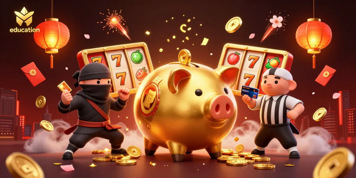 Engaging illustration of education-driven casino scenes featuring action-packed characters and golden slot machines.