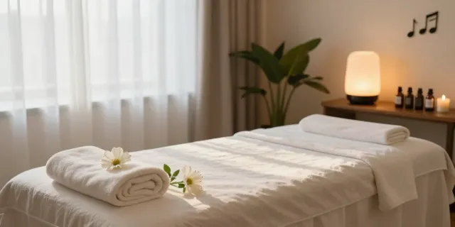 Relaxing 인덕원출장마사지 spa scene with massage table and calming atmosphere.